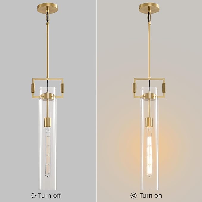 Modern Gold Glass Pendant Light: Knurled Brass Pendant Lights Kitchen Island - Contemporary Hanging Light Fixtures with Cylinder Long Tube - Dimmable Pendants Lighting Fixture over Table for Bedroom