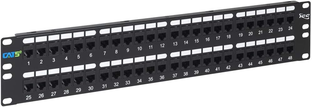 ICC CAT5e Feed-Through Patch Panel, 48 Port, 2U Rackmount, RJ45 Ethernet Patch Panel, No Punch Down, PoE++ and TAA Compliant, Black