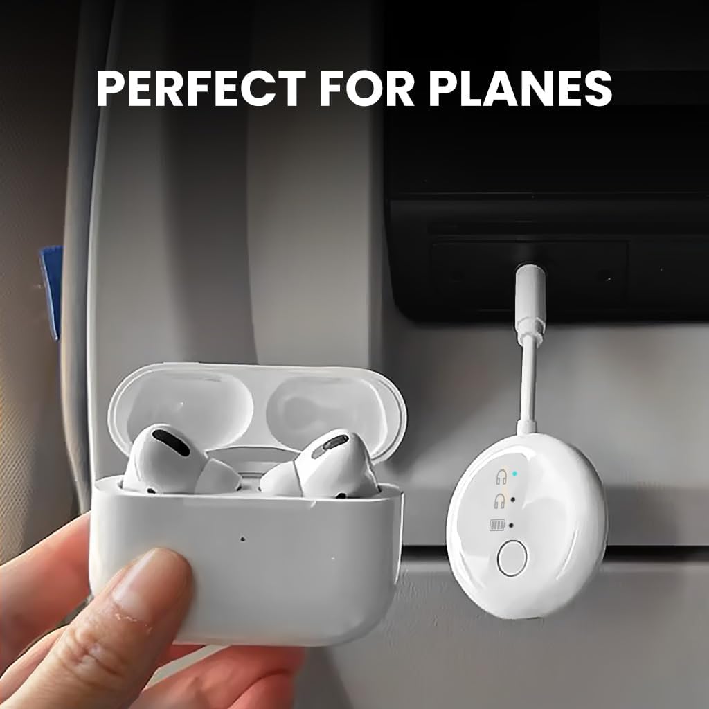Avantree SoundJet R1 – Airplane Bluetooth Adapter for Headphones & AirPods, aptX Adaptive, Qualcomm Chipset, 20H Battery, Wireless Audio Transmitter for in-Flight Travel Essentials - White