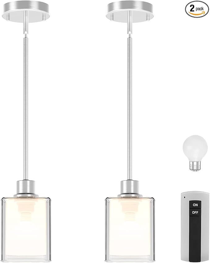 Pendant Light Kitchen Island Lighting 2 Pcs, Height Adjuatable Rod Clear Dual Glass - with 3 Color Temperatures Bulb & Remote Control, Farmhouse Hanging Lighting Fixture for Dining Room Bedroom