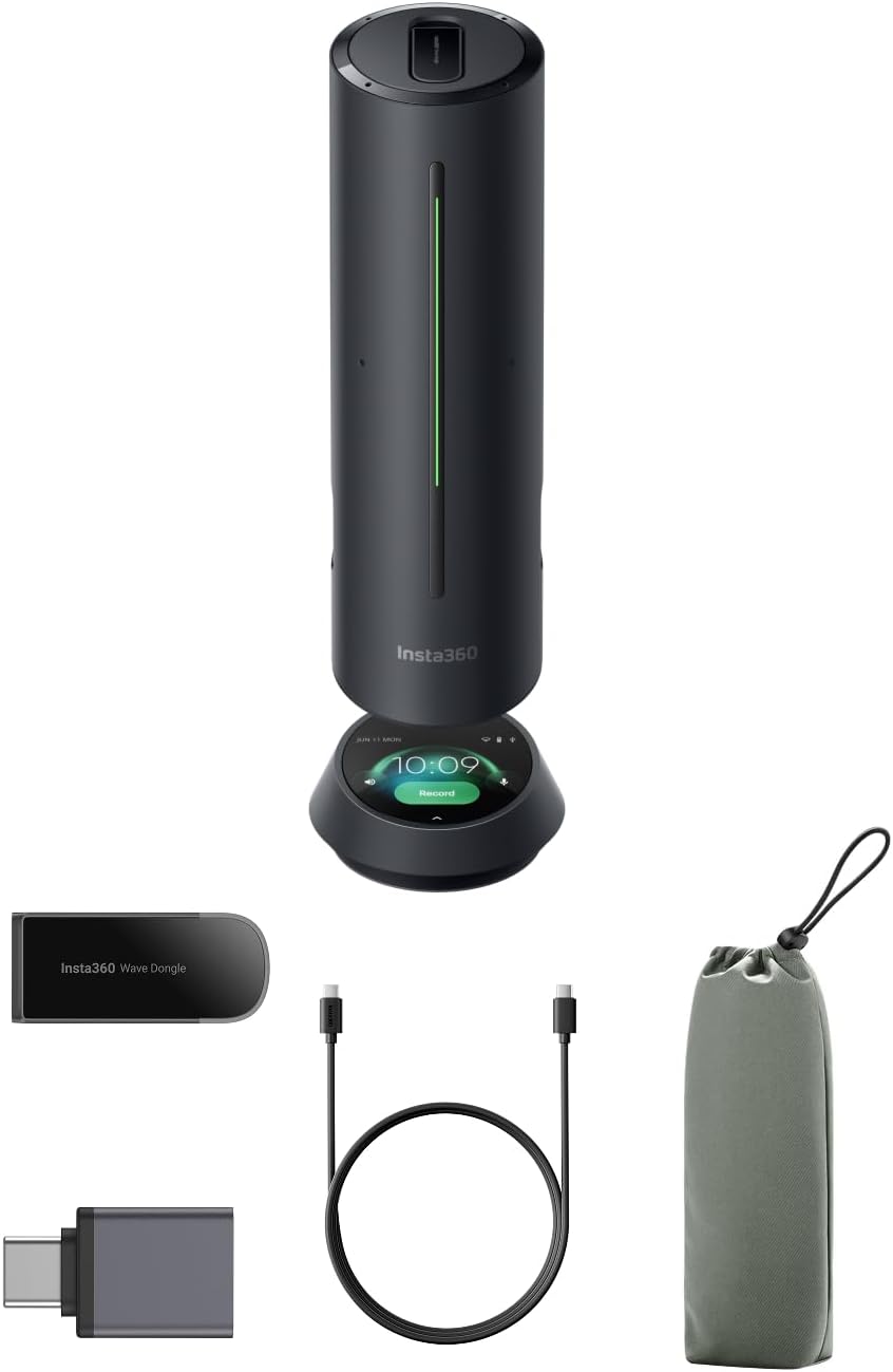Insta360 Wave - AI Speakerphone, Bluetooth, Voice Recorder, 8 Noise-Canceling Mics w/Beamforming, AI Transcript & Summary, Support 99 Languages, 32GB Storage, Meetings, Podcasts, Livestreams