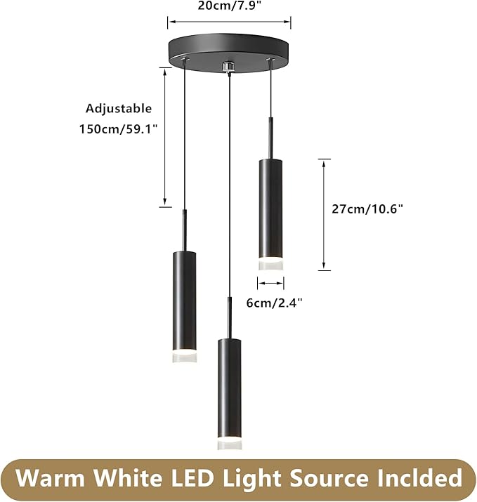 KCO Lighting Modern Black 3-Light LED Cylinder Pendant Light Contemporary Adjustable Kitchen Island Cluster Pendant Lighting Nordic Round Metal Long Tube Hanging Ceiling Pendant Lights