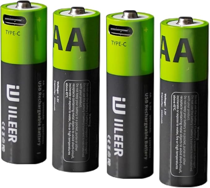 2000mAh USB-C Rechargeable AA Batteries, 1200 Cycles Life, Fast Charging with Type-C Cable, for Gaming Controllers, Mouse, Keyboard & Home Electronics, Black Green (24)