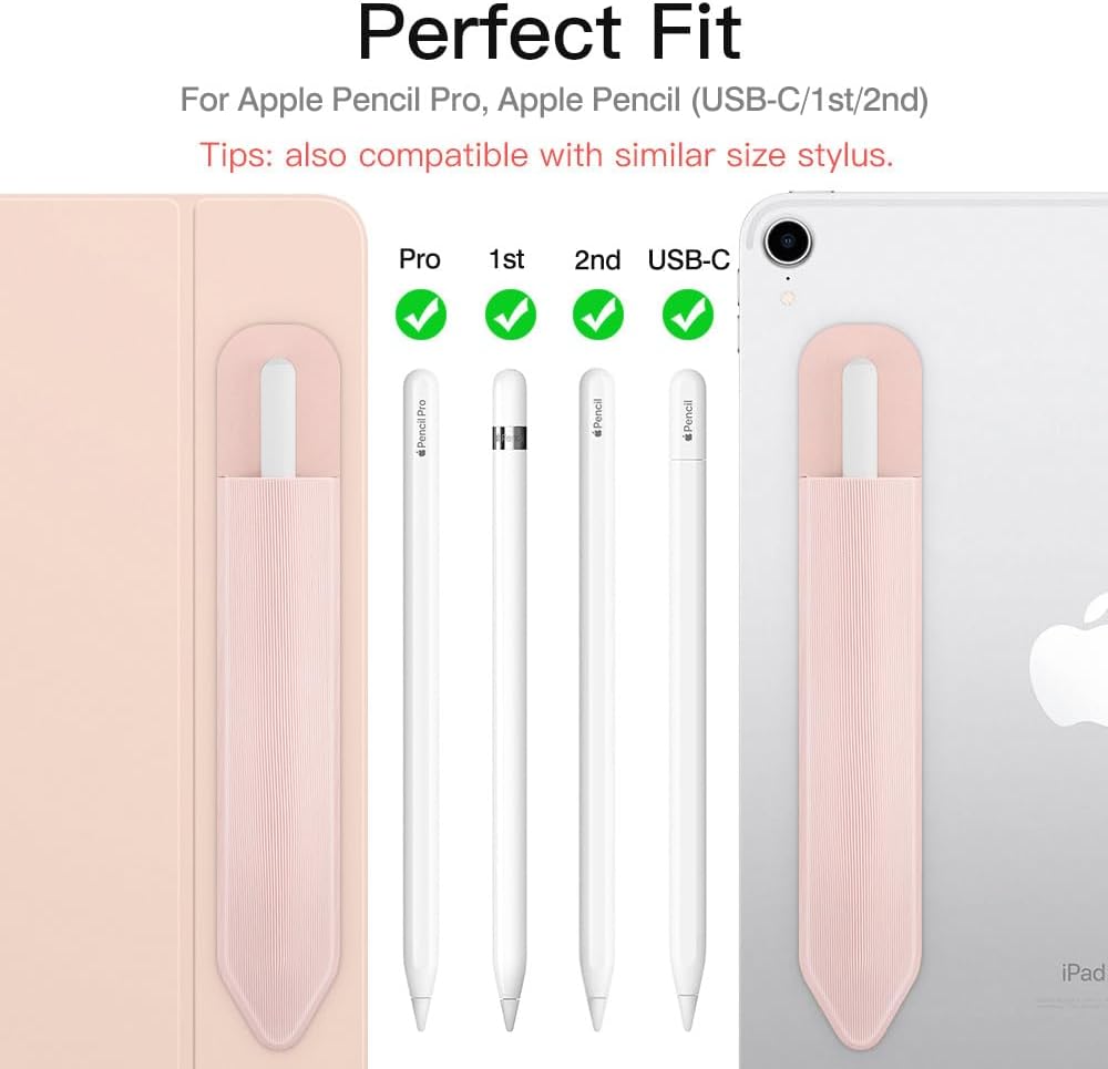 MoKo Pencil Holder Sticker Fit Apple Pencil Pro, Apple Pencil (USB-C), Apple Pencil 1st/2nd Generation, Elastic Pencil Pocket Pouch Adhesive Sleeve Attached to iPad Case for Stylus Pens,Rose Gold