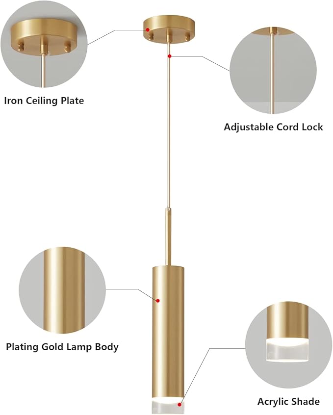 KCO Lighting LED Gold Mini Pendant Light Modern Kitchen Island Ceiling Hanging Light Fixtures Small Cylinder Ceiling Pendant Lighting for Bedroom, Dinning Room (Gold)