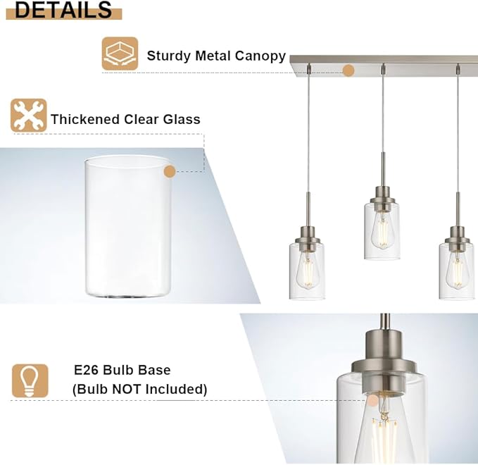4-Lights Pendant Light Fixtures, Modern Brushed Nickel Kitchen Island Lighting with Clear Glass Shade, Adjustable Hanging Ceiling Lamp