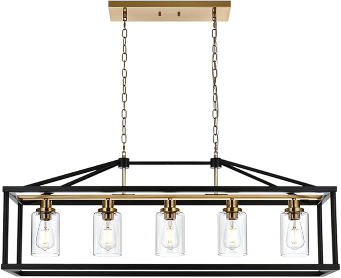 BONLICHT Rectangle 5 Lights Black Modern Dining Room Lighting Fixtures Hanging Over Table, Industrial Brushed Brass Chandeliers Farmhouse Kitchen Island Linear Pendant Light Ceiling with Clear Glass