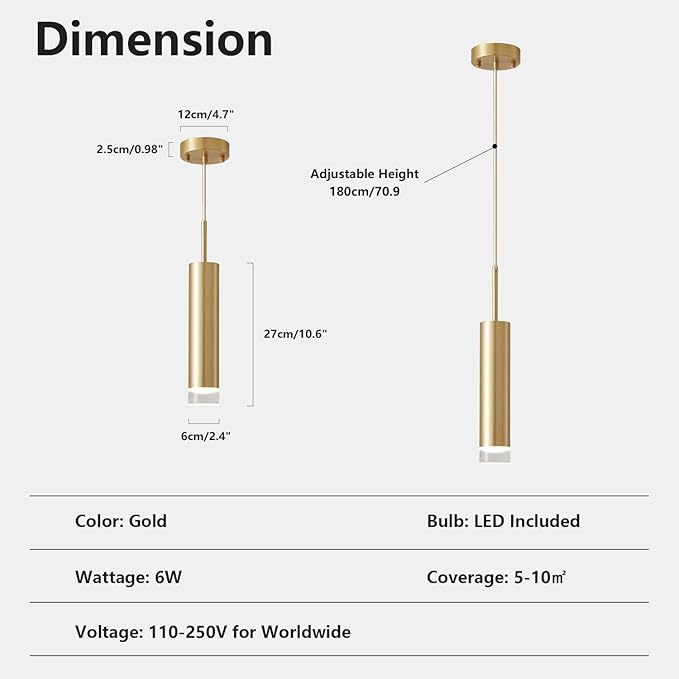 KCO Lighting Industrial Gold LED Long Tube Pendant Light Mid Century Modern Bushed Brass Mini Cylinder Pendent Lights Kitchen Island Small Hanging Ceiling Light Fixtures 3 Pack