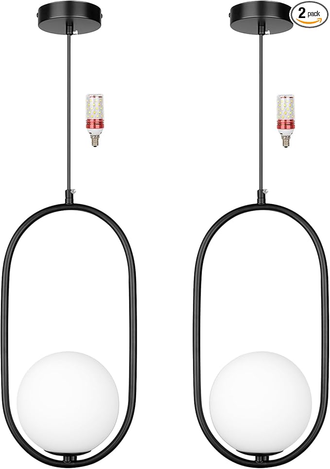 lobolighting Modern Pendant Lighting, 2 Pack Black Pendant Light Fixtures Adjustable Height Mid Century Chandelier, Frosted Glass Globe Single Hanging Light for Kitchen Island Dining Room Bedroom