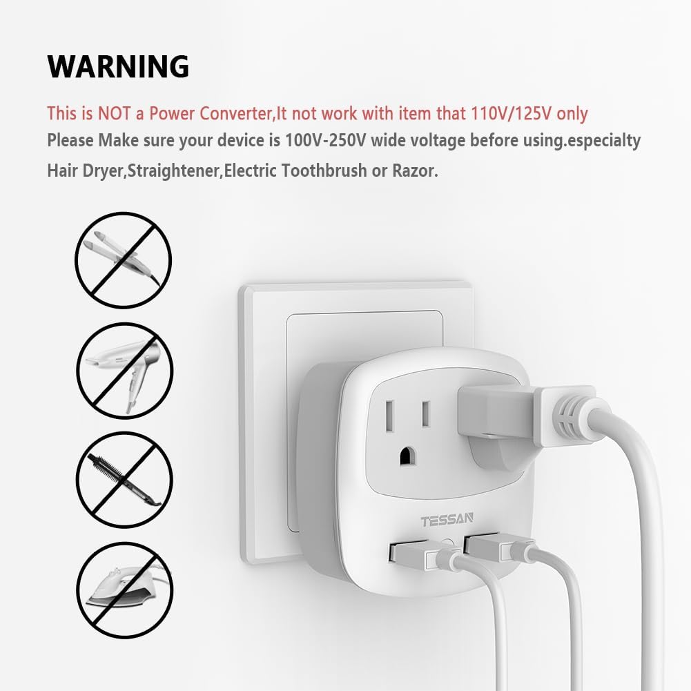 UK Ireland Travel Plug Adapter, TESSAN Type G Power Adaptor with 2 USB Charger Ports 2 American Outlets, US to Scotland London England British Irish Kenya Dubai Qatar