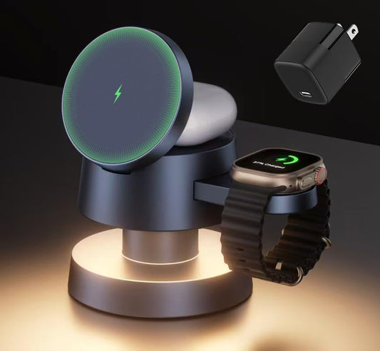 iVANKY 4 in 1 Wireless Charging Station with Mushroom Light for MagSafe Magnetic Charger, Travel Stand 3 in 1 Charge for iPhone 17-11 Pro Max Plus Air, Apple iWatch, Airpods（Includes 33W Adapter） ﻿ ﻿