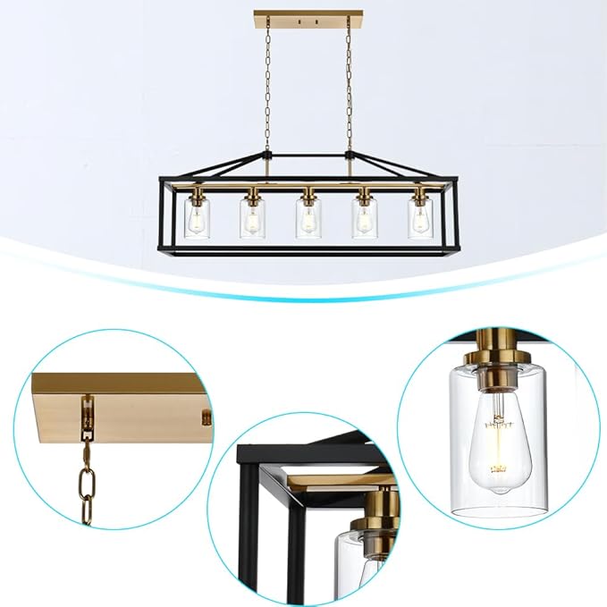 BONLICHT Rectangle 5 Lights Black Modern Dining Room Lighting Fixtures Hanging Over Table, Industrial Brushed Brass Chandeliers Farmhouse Kitchen Island Linear Pendant Light Ceiling with Clear Glass