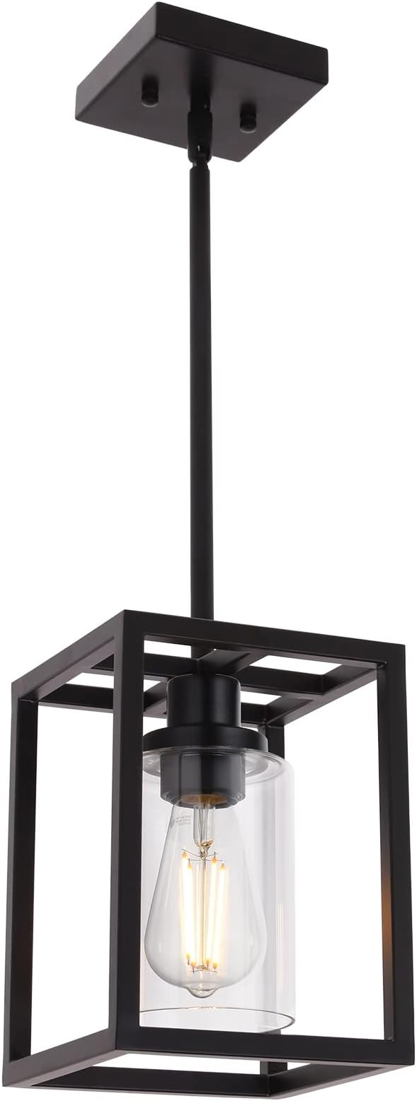 MELUCEE 1-Light Black Pendant Lights Industrial Farmhouse Chandeliers Mini Island Light Fixtures Ceiling Hanging with Clear Glass Shade for Dining Room Entryway Hallway Restaurants