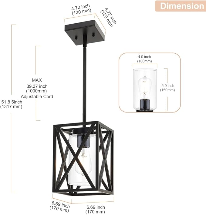 1-Light Industrial Hanging Light Fixtures with Clear Glass Shade, Farmhouse Pendant Lighting for Kitchen Island for Dining Room Hallway Foyer