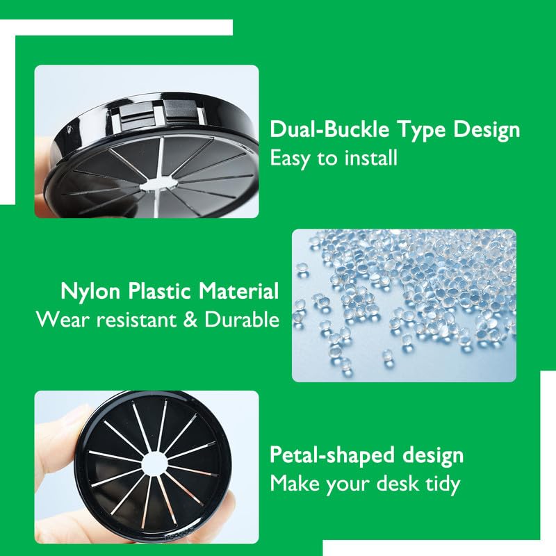 8PCS Cable Grommets, 1-3/4"(45mm) Desk Hole Cover Petal Shaped Buckle Type Nylon Snap Bushing Grommet, Wire Hole Cover Insert for Cables and Cords Management and Protection of Cabinet, Black