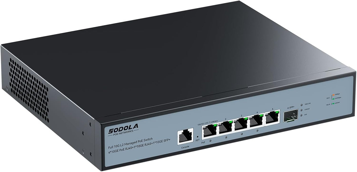 SODOLA 10Gb L2 Managed PoE Switch 150W|1X 10G SFP+&4 x 10GBase-T PoE Ports+1x10GBase-T Uplink, Max 90W PoE Output,IEEE802.3af/at/bt,Desktop&Wall Mount 10G Managed PoE Network Switch