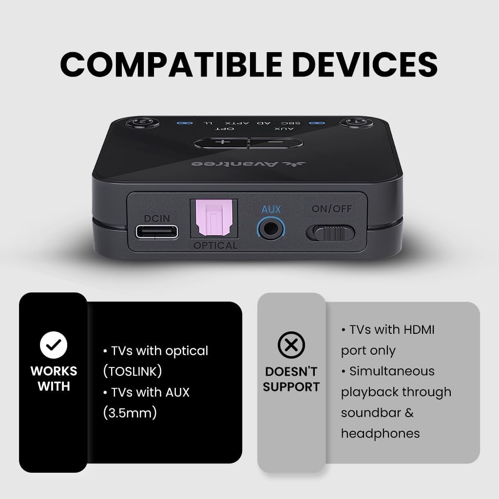 Avantree Audikast Plus – Bluetooth Audio Transmitter for TV with Optical & AUX Audio Out, Wireless Adapter for Headphones, 100ft Range, Dual Link, Volume Control