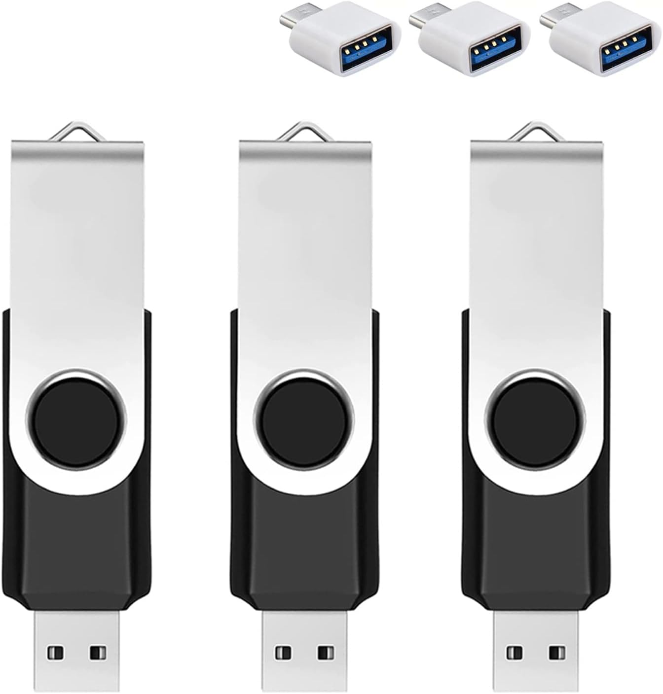 3 Pack 64GB USB Flash Drive with Type C Adapter and Storage Box USB 2.0 High Speed Metal Pen Drive 360° Rotatable Storage Memory Stick for Phone/Pad/PC/Laptop/Android - Black(3-Pack 64GB)