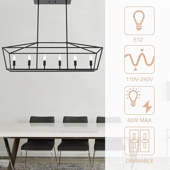 6-Lights Kitchen Island Pendant Lighting in Black Finish, 42-Inches Width Farmhouse Light Fixtures Ceiling Hanging for Dining Room Pool Table