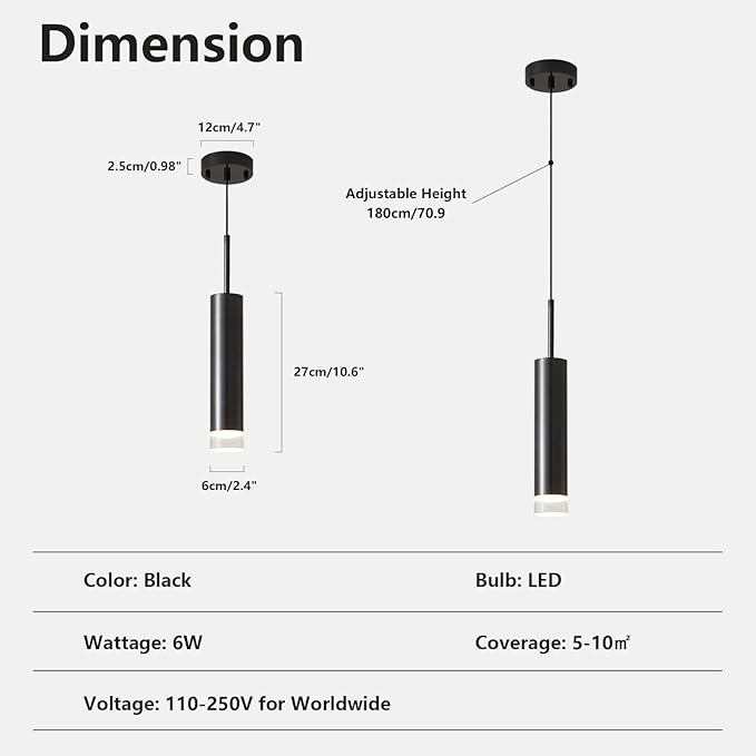 KCO Lighting LED Black Mini Pendant Light Modern Cylinder Pendant Lighting Small Adjustable Contemporary Ceiling Hanging Light for Kitchen Island Living Room (Black)