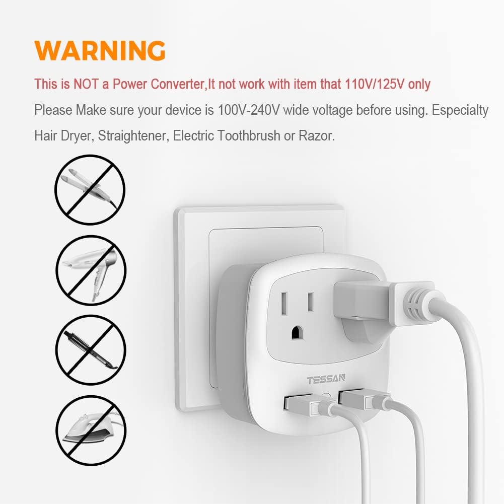 TESSAN Brazil Power Adapter, US to Brazil Plug Adaptor with 2 American Outlets and 2 USB Charging Ports, Type N Travel Adapter for USA to Brazilian Brasil