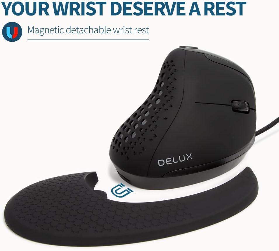 DeLUX Seeker Wired Ergonomic Vertical Mouse with Thumb Wheel, Optical Computer Mouse with 6 Programmable Buttons, 4000 DPI, RGB Backlight, Removable Wrist Rest for Carpal Tunnel (M618XSU-Black)