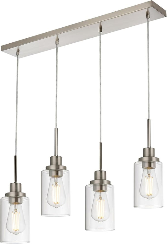4-Lights Pendant Light Fixtures, Modern Brushed Nickel Kitchen Island Lighting with Clear Glass Shade, Adjustable Hanging Ceiling Lamp