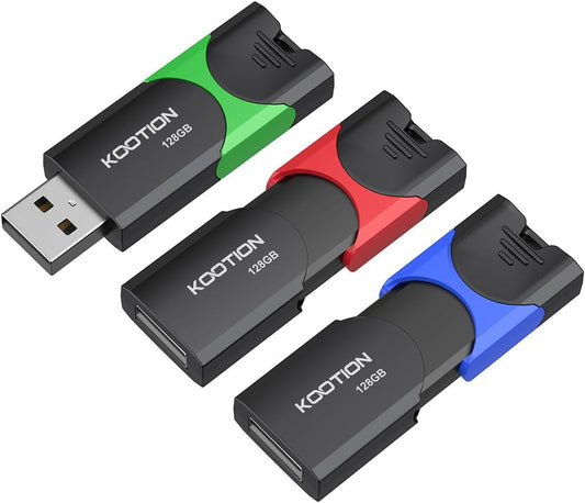KOOTION 128GB Flash Drive 3 Pack USB Flash Drives Multicolor USB Drive Retractable Thumb Drive USB 2.0 Flash Drive Zip Drives High Speed Jump Drives with LED Indicator - 3Pack (Red, Green, Blue)