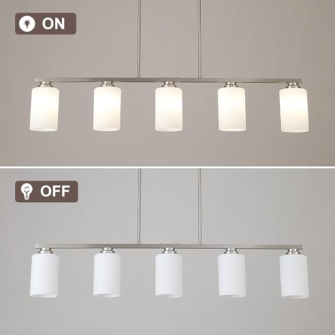 Island Light for Kitchen, Brushed Nickel Dining Room Light Fixture Over Table with Milk Glass Shade, 5-Light Linear Chandelier Pendant Lighting for Dining Table Kitchen Island Living Room