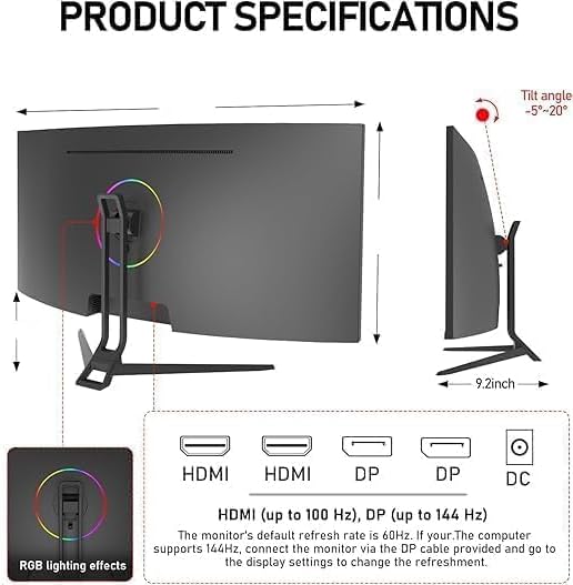 ZZA 34 Inch Monitor Curved Ultrawide,34 Inch Gaming Curved Monitor R1500 144hz Refresh WQHD 3440x1440,Computer Monitors 1ms, FreeSync & G-Sync,HDR10,122% sRGB,VESA