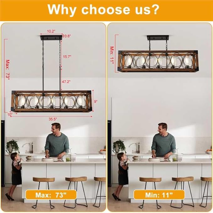 35.5" Dining Room Light Fixture/Chandelier Over Table, 5-Light Rustic Wood Kitchen Island Lighting with Clear Glass Shade Farmhouse Hanging Pendant Lights Fixtures for Kitchen Island Dining Room‌ Bar