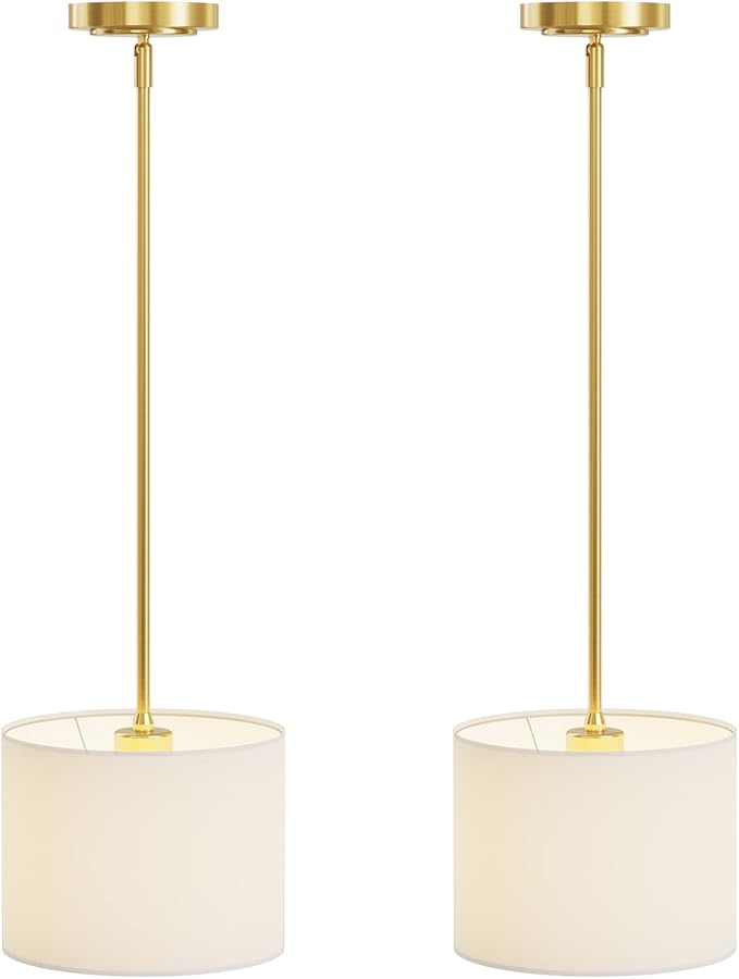 Electro bp;9" Dia White Linen Drum Shade Hanging Pendant Light Fixture with Polished Gold Pole Kit,E26,Hardwired,2-Pack;
