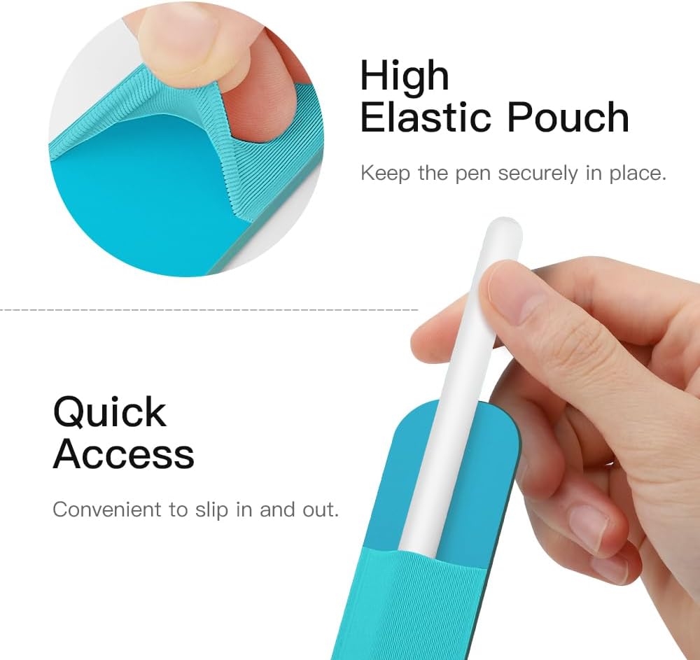 MoKo Pencil Holder Sticker Fit Apple Pencil Pro, Apple Pencil (USB-C), Apple Pencil 1st/2nd Generation, Elastic Pencil Pocket Pouch Adhesive Sleeve Attached to iPad Case for Stylus Pens, Cyan Blue
