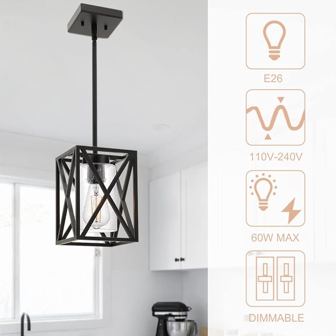 Farmhouse Pendant Light Fixture, 1-Light Industrial Dining Room Chandelier Hanging Ceiling Lighting with Seeded Glass, Black Rustic Kitchen Island Lights for Foyer Living Room