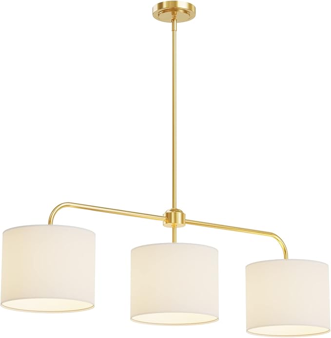 3-Light White Linen Drum Shade Chandelier with Polished Gold Metal Linear Pendant Light Fixture for Kitchen Island, Dining Table, E26, 180W