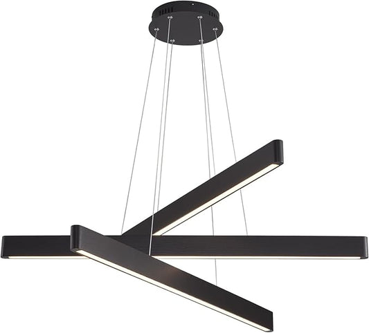 3-Light Solid Wood Black Linear Pendant Light - Dimmable Modern LED Chandelier for Dining Room Table Kitchen Island Living Room Ceiling - 45W Warm Light Adjustable Hanging Fixture Black