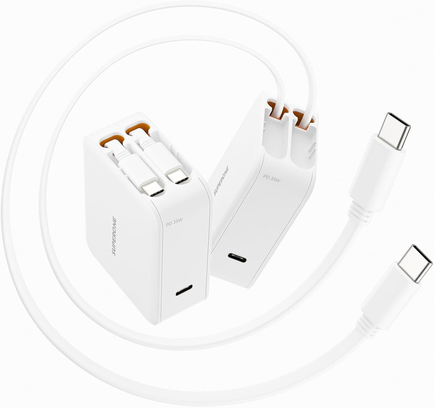 SUPERONE 3 in 1 Retractable Wall Charger with Dual USB C Cables, PD 35W Fast Charging Retractable Phone Charger Wall Plug for iPhone 17/16/15/14/13/12, Pad, Tablet, Samsung, Pixel, and Travel