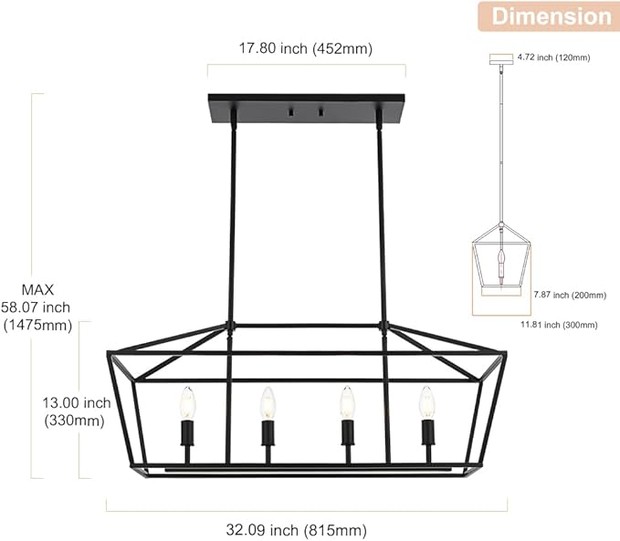 4-Lights Rustic Chandelier for Dining Room, 32-Inches Width Pendant Lighting for Kitchen Island in Black Finish