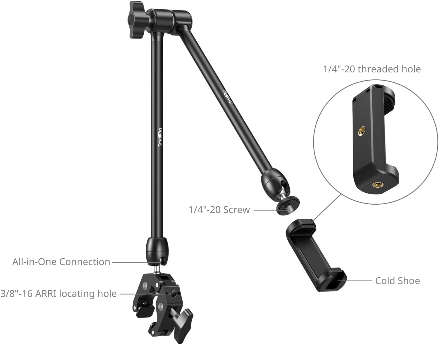 SMALLRIG Desktop Magic Arm Support with Crab-Shaped Clamp Kit, Aluminum Alloy, 24.3x4.5x1.1 in, 0.6lb Payload, for Smartphones, Webcams, Action Cameras, 5624