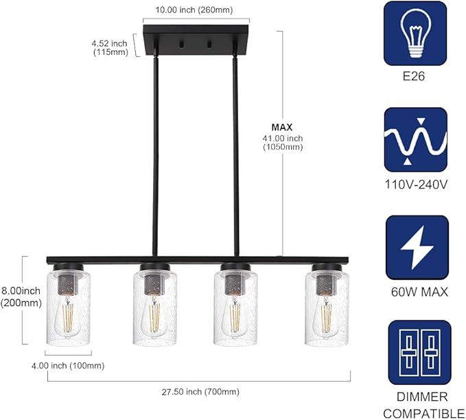 TODOLUZ Black Kitchen Island Light with Seeded Glass Shade, 4-Lights Farmhouse Chandelier Ceiling Pendant Lighting Fixture for Dining Room