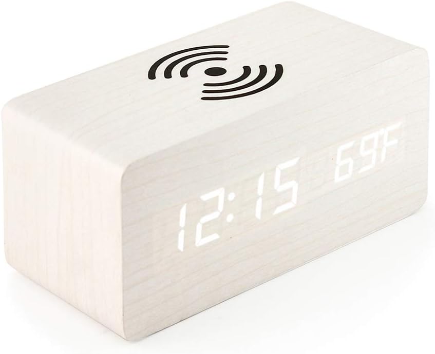 OCT17 Alarm Clock with Qi Wireless Charging Pad Compatible with iPhone Samsung Wood LED Digital Clock Sound Control Function, Time Date, Temperature Display for Bedroom Office Home - White