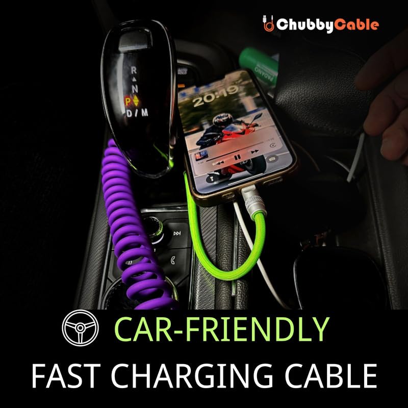 chubbycable Colorblock Chubby - Spring Braided Silicone Charge Cable Coiled USB C Cable Fast Charging Type C Charger Cord for Car, Purple+Pink, Type-C to Type-C, 2.29FT-3.6FT