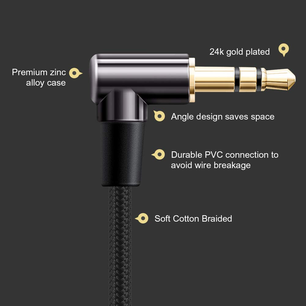 CableCreation 3.5mm Audio Cable 6FT/1.8M, Right Angle Male to Male Auxiliary Stereo HiFi Cable with Silver-Plating Copper Core for Car Stereos, iPhones, Tablets, Speaker, Laptops, 24K Gold Plated