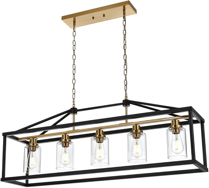 BONLICHT Rectangle 5 Lights Black Modern Dining Room Lighting Fixtures Hanging Over Table, Industrial Brushed Brass Chandeliers Farmhouse Kitchen Island Linear Pendant Light Ceiling with Clear Glass