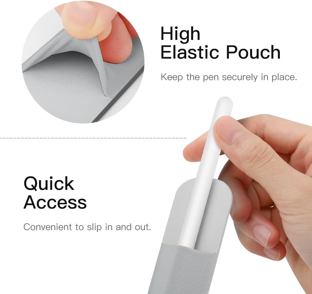MoKo Pencil Holder Sticker Compatible with iPad Pencil 1st/2nd Generation, Elastic Pencil Case PU Leather Pouch for iPad 9th/8th Generation, iPad Air 4, iPad Pro 11&12.9, iPad Mini 6, Silver Grey