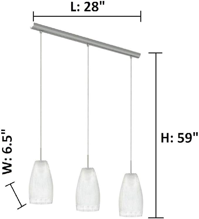 EGLO Crash 3-Light Pendant Hanging Lighting Fixture with Crackle Glass Shades for Kitchen Island, Hallway, and Dining Room, 59-Inch, Matte Nickel