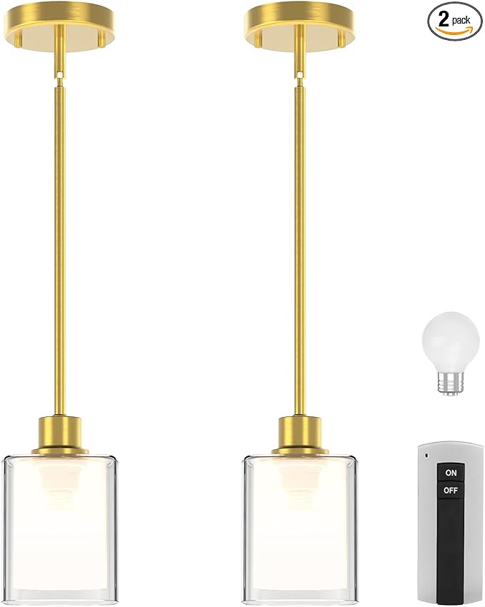 Pendant Light Kitchen Island Lighting 2 Pcs, Height Adjuatable Rod Clear Dual Glass - with 3 Color Temperatures Bulb & Remote Control, Farmhouse Hanging Lighting Fixture for Dining Room Bedroom
