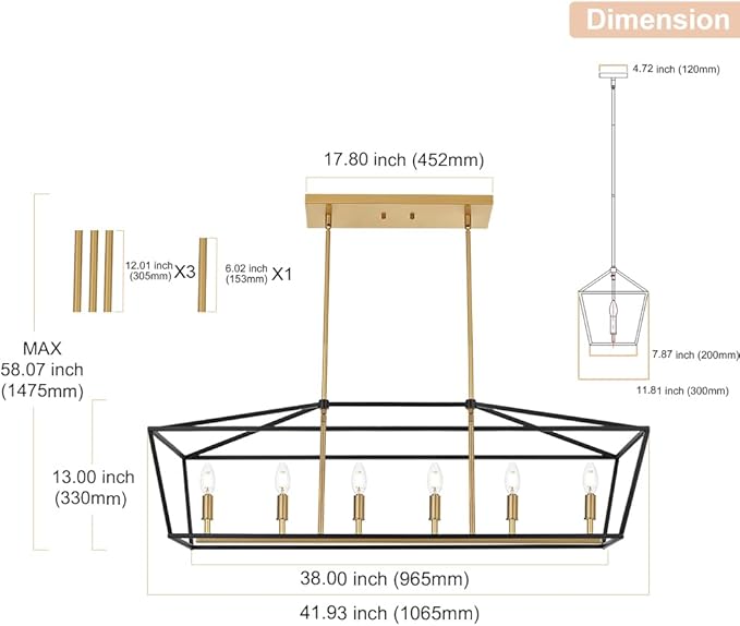 6-Lights Farmhouse Dining Room Chandelier, Rectangle Candle Pendant Lighting in Black Gold Finish, Kitchen Island Lighting for Living Room Restaurant
