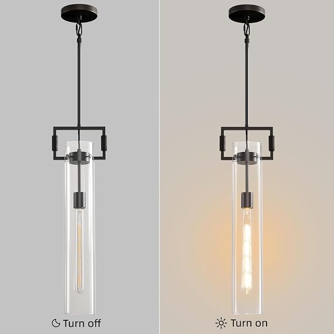 Matte Black Glass Pendant Light: Modern Knurled copper Pendant Lights Kitchen Island Set of 2 - Industrial Hanging Light Fixtures with Long Tube - Height Adjustable Pendants Lighting for Living Room