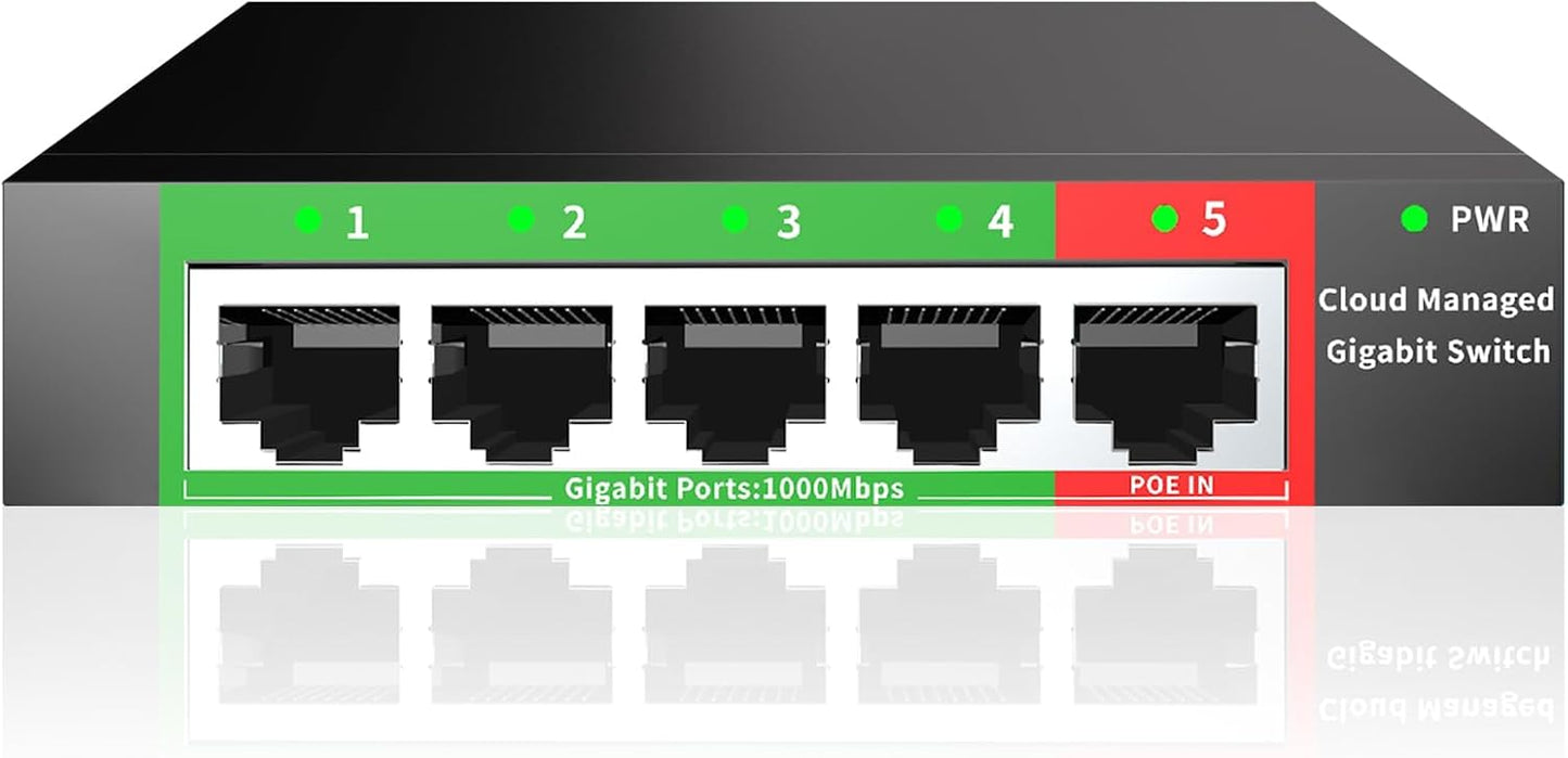 STEAMEMO 5-Port Gigabit Ethernet Switch | Smart Managed with VLAN/QoS | Plug & Play Desktop/Wall-Mount Network Hub w/ PoE in Design | Sturdy Metal & Energy-Efficient(Includes Power Adapter)